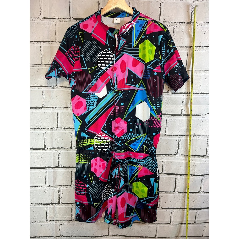 Vintage Style 80s 90s Geometric Neon Romper Jumpsuit Shorts Medium Pockets